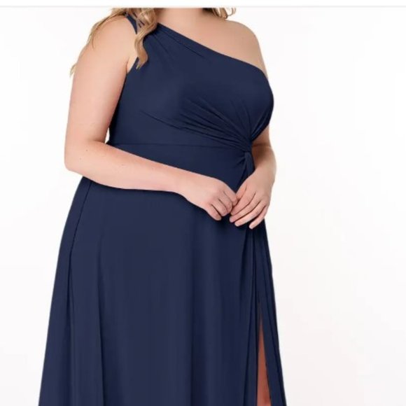 AZAZIE BROOKE A-Line One Shoulder Mesh Floor-Length Dress Dark Navy - Picture 2 of 13